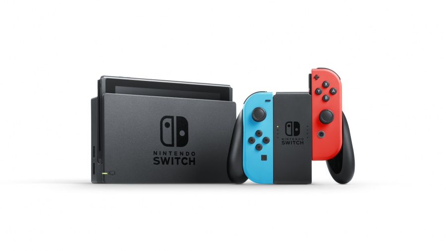 NINTENDO SWITCH CONSOLE WITH NEON RED AND AMP. BLUE JOY-CON